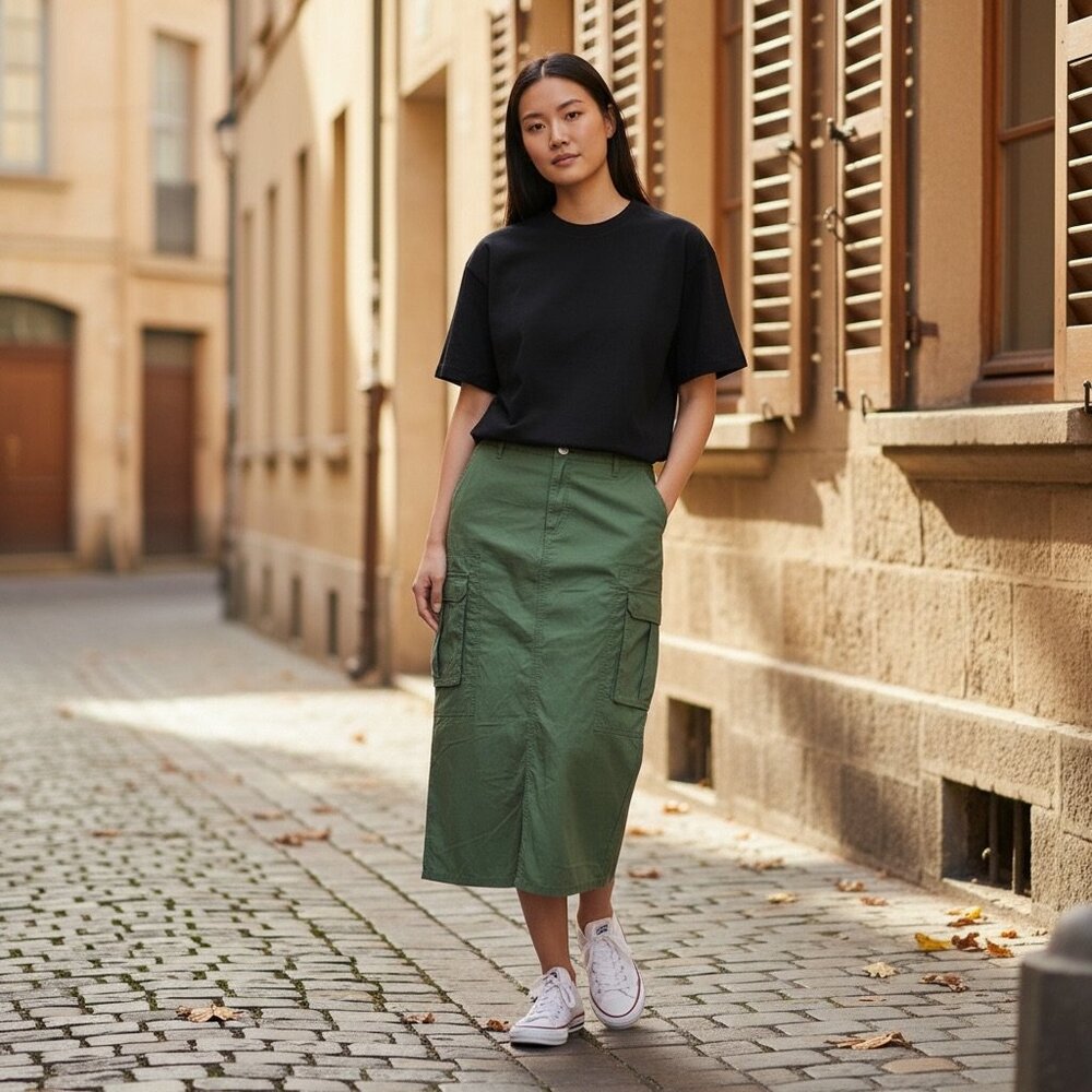 Wild Fable Junior Teens 100% Cotton Green Cargo Midi Skirt Pockets Size Small